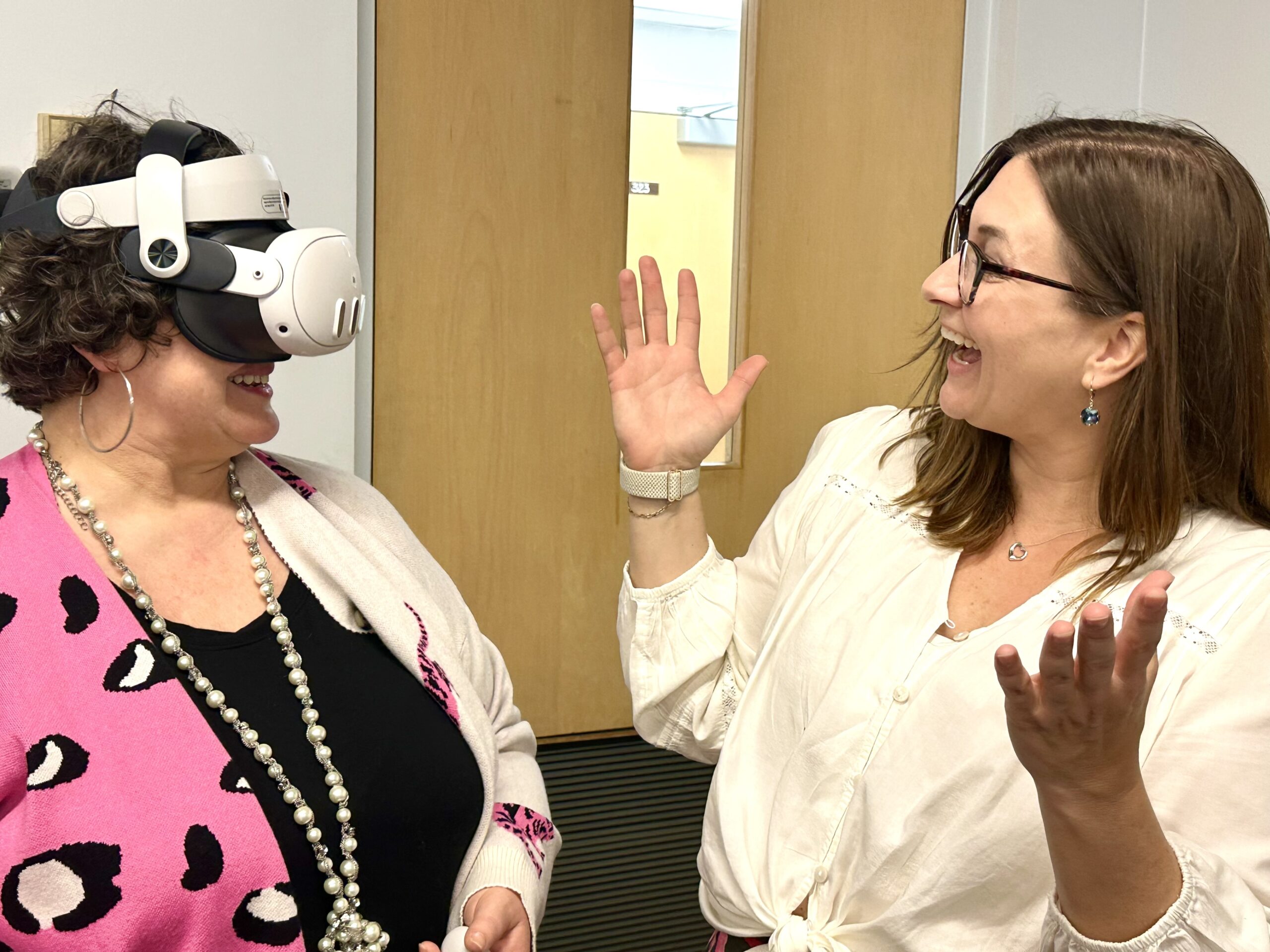 CoP’s Communication Simulation Coordinator Dr. Jennifer Marks (l) participated in a recent onboarding and training for Augmented Reality (AR) Software (Holohuman) with GigXR representative Nichole Pullen. Use of this tool will reinforce student learning outside the classroom.